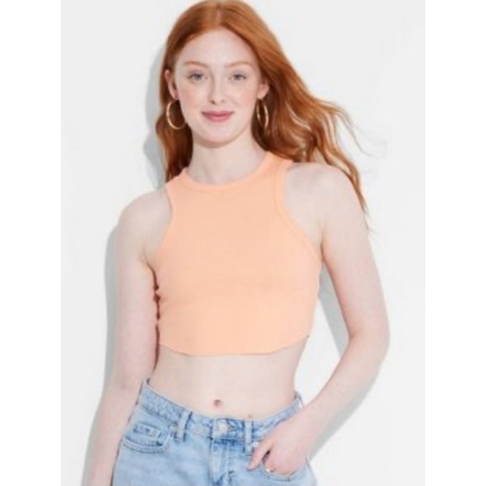 NEW Wild Fable Peach High Neck Ribbed Super Cropped Tank Top